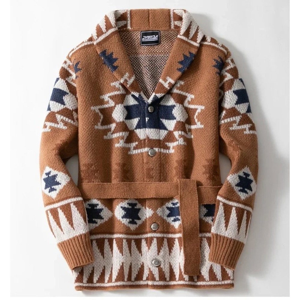 Southwestern Aztec Shawl Collar Belted Cardigan Sweater Brown Navy White